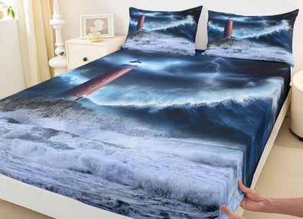 Erosebridal Lighthouse Bed Cover Nautical Fitted Sheet Surfing Ocean Wave Bedding Set Twin Size Coastal Nature Theme Fitted Sheet for Kids Boys Girls Teens Living Room Decor, Blue