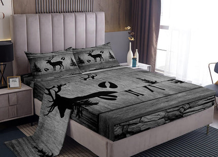 Manfei Rustic Deer Sheet Set Full Size, Black Trees Deer Paw Print Bedding Set for Kids Boy Room Decor, Grey Wooden Plank Bed Sheet Set 4pcs with Deep Pocket Fitted Sheet + Flat Sheet + 2 Pillowcases