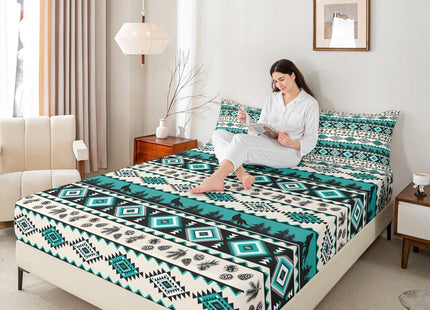 Manfei Aztec Geometric Bed Sheets Twin Size,Southwest Tribal Ethnic Easy Wash Bedding Set,Wolf Rustic Cabin Kids Room Decor,Beige Retro Sheet(Fitted+Flat+1 Pillowcase)