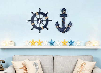 Meching 2 Pack 11" Nautical Beach Wooden Ship Wheel and 13" Wooden Anchor with Rope Nautical Boat Steering Wheel Rudder Anchor Wall Art Decor Door Hanging Ornament Beach Theme Home Decoration(Blue)