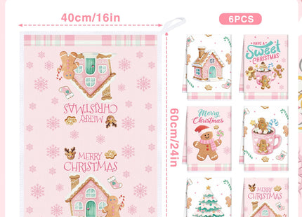 InIsaJace Pink Christmas Kitchen Towels, 6PCS Gingerbread Hand Tea Towels Set Xmas Housewarming Gifts, Candy Cane Kitchen Dish Clothes Bathroom Holiday Decor Supplies