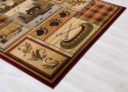 HR Cabin Rug Cabin Area Rug Modern Geometric Design Cabin Area Rug Abstract, Beige/Multicolor Design– Leafs/Nature/Kayak/Duck/Lodge by The Lake