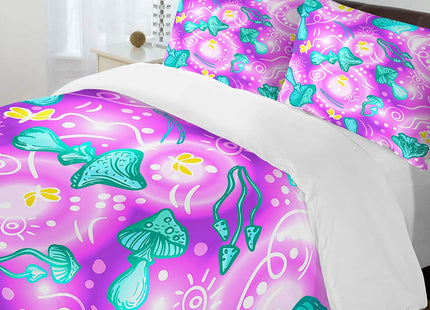 SWAYS Pink Mushroom Bed Set Luxury Cotton Duvet Cover Sets Enchanted Forest Comforter Cover for Kids Teen Girl Twin Size Quilt Cover（1Duvet Cover+1Pillowcase）