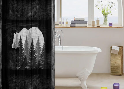 Wild Bear Shower Curtains,Lodge Cabin Style Jungle Animal Bath Curtain,Farmhouse Style Barn Door Gray Cloth Fabric Bathroom Decor Set with Hooks,72" Long