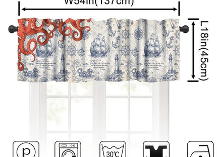 SHElifestyle Nautical Red Octopus Window Valance Curtain, Ocean Anchors Lighthouse Beach Vintage Coastal Map Pirate Ship Window Treatments Valance for Bedroom Living Room Kitchen 54x18inch