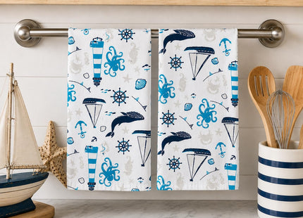 Nautical Coastal Cotton Kitchen Dish Towels, Lighthouse Sea Life, 15x25