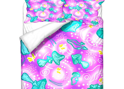 SWAYS Pink Mushroom Bed Set Luxury Cotton Duvet Cover Sets Enchanted Forest Comforter Cover for Kids Teen Girl Twin Size Quilt Cover（1Duvet Cover+1Pillowcase）