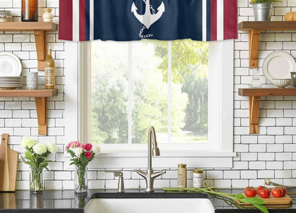 Savannan Nautical Valances, Nautical Anchor Red White Stripes Navy Blue Rod Pocket Cafe Valance Short Window Curtains Valances for Kitchen, Bedroom, Living Room, 1 Panel, 42InchesX12Inches