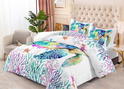 Watercolor Sea Turtle Comforter Set Queen, Tie Dye Ink, 2 Pillowcases