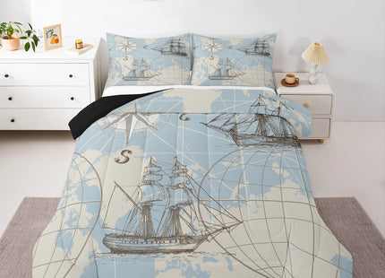 Erosebridal Nautical Comforter Set King, Vinatge Sailboat Bedding Set Room Decor, White Blue World Map Sketch Down Comforter, Retro Anchor Compass Quilt Set, Yacht Ship Bedding Comforter Sets, 3Pcs