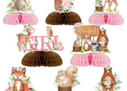 8 Pieces Woodland Animals Baby Shower Honeycomb Centerpieces for Girls, Pink Floral Woodland Table Decorations, Forest Animal Theme Party Supplies