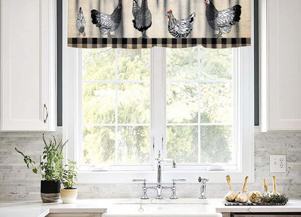 SHElifestyle Farm Animal Kitchen Valance, Rooster Chicken Hen Black White Buffalo Plaid Farmhouse Chick Country Cabin Window Treatment Valances for Home Bedroom Living Kitchen Café Décor 54x18inch