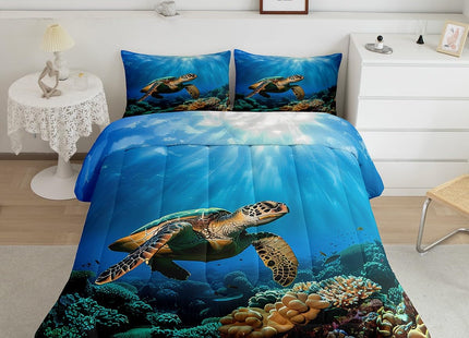 Erosebridal Sea Turtle Comforter Set, Tortoise Print Bedding Set, Reptile Nautical Duvet Set, Underwater World Oasis Ocean Animal Soft Lightweight Quilt Set Twin Size, for Kid Boys Girls Adult, Blue