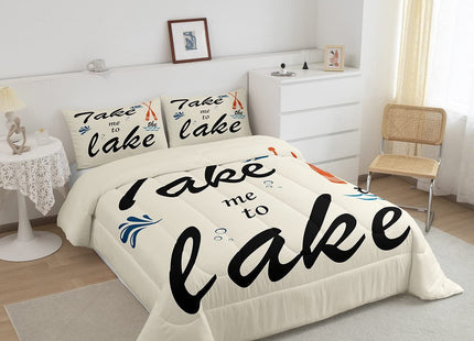 Homewish Lake House Comforter Set Queen Size for Kids Teens Adults Men Boating Lovers Quilt Set 3pcs,Sea Ocean Themed Room Decor Bedding Set Khaki Microfiber Duvet Insert with 2 Pillowcases