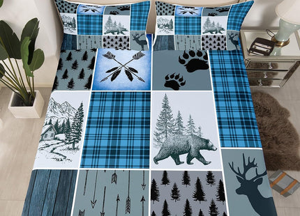 Rustic Farmhouse Sheet Set Queen, Retro Cabin Lodge Fitted Sheet Country Bear Deer Bed Sheets For Kids Teens Adult Men, Hunting Wild Animal Plaid Checkered Flat Sheet 4Pcs With 2 Pillow Cases,Blue
