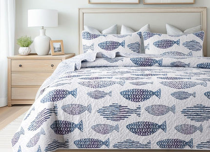 SLPR - Coastal Nautical Fish Quilt Set, King with 2 Shams, Lake Bedding