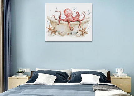 Octopus Wall Art Octopus in Bathtub Pictures Wall Decor Bathroom Canvas Prints Ocean Bathroom Decorations Painting Framed Artwork Office Home Decor For Toilet Laundry Washroom Restroom 20"x16"