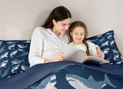Boys Shark Bedding Set Ocean Sealife Comforter Set for Kids Youth Teens,Under Sea Marine Life Duvet Insert,Underwater World Creature Bed Quilt,Nautical Sea Animal Bedroom Decor Full Size Navy Blue