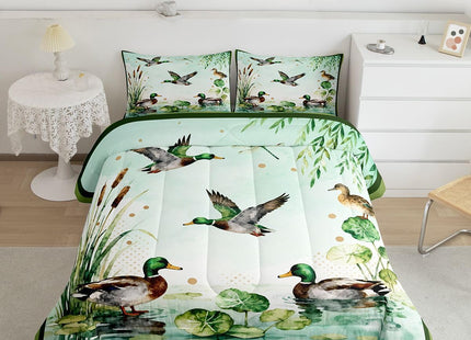 Feelyou Cute Mallard Duck Bedding Set Soft for Boys Girls, Wild Duck Hunting Comforter Set Twin Size Hunting and Fishing Duvet Quilt 3D Wild Animal Bedroom Decor Bright Green 2 Pcs with 1 Pillow Cases