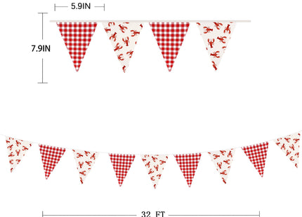 32Ft Crawfish Party Decorations Red Buffalo Plaid Crawfish Pennant Banner Fabric Triangle Flag Garland Streamers for Lobster Birthday Shrimp Seafood Boil Baby Shower Barbecue Party Decor Supplies