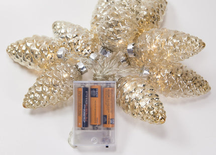 Wintergreen Lighting 6’ Mercury Glass Gold Star Lights/Gold Glass Pinecone String Lights – LED Lights String, Battery Operated, 10 Warm White LED Lights on Clear Wire (10 Pinecone Lights)