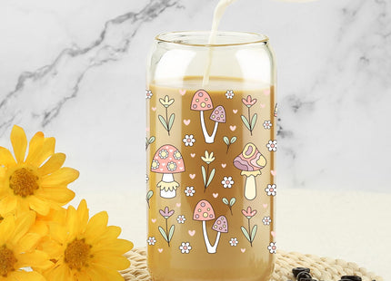 Mushroom Glass Cup with Bamboo Lids Straws, 16oz Retro Hippie Tumbler