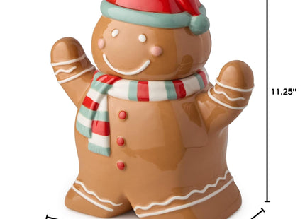 Christmas Whimsy Gingerbread 3-D Cookie Jar – Holiday Ceramic Treat Jar with Smiling Gingerbread Wearing Red Hat & Scarf – Airtight Storage for Cookies, Candies & Festive Kitchen Decor