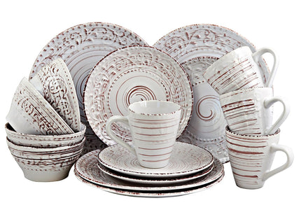 Elama Embossed Stoneware Ocean Dinnerware Dish Set, 16 Piece, Seashell and White Sand