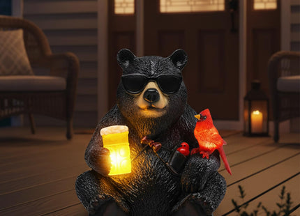 YHSOLAR Solar Black Bear Statue for Garden with Beer and Cardinals