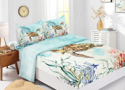 CVHouse Sea Turtle Bed Sheets Set, Twin Size, Ocean Watercolor Bedding, 1 Flat & 1 Fitted Sheet with 2 Pillow Cases - 4 Pieces