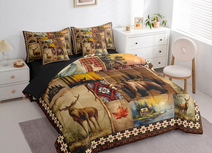 Erosebridal Brown Tribal Buffalo Plaid Full 7 Pieces Bedding Set, Hunting and Fishing Comforter Set with Sheets, Bear Deer Elk Moose Antlers Bed in A Bag, Rustic Farmhouse Patchwork Bed Sets