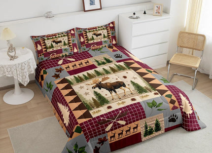 Rustic Patchwork Comforter Set King,Moose Deer Hunting Quilt for Kids Teens Adults Bedroom Decor,Country Wooden Canoe Maple Leaf Duvet Insert Southwestern Check Plaid Bedding,Camping Room Decor