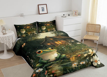 Manfei Lodge Frog Comforter Set,Rustic Cabin Jungle Wild Animal Starry Bedding Set for Kids Teens Bedroom,Nature Daisy Flowers Lake Lotus Leaves Quilt Set 2 Pcs with 1 Pillowcase,Twin