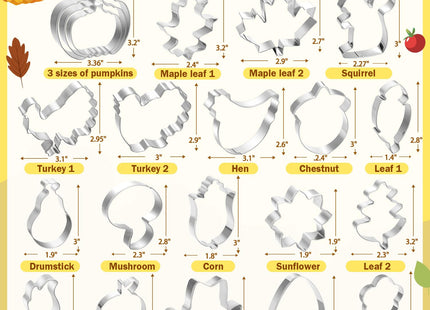 Thanksgiving Cookie Cutters Set, 21 Pcs Stainless Steel Fall Cookie Cutters Shapes of Turkey Pumpkin Maple Leaf Squirrel Acorn Mushroom Candy Corn for Cute Cookies Cupcake Pie Crust Decoration DIY
