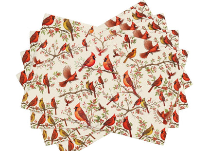 Red Cardinal Linen Placemats Set of 4, Washable Non-Slip Heat-Resistant Bird Berry Printed Table Mats for Kitchen Dining Table, Gift for Bird Lovers, Nature & Christmas Enthusiasts, Kitchen Home Decor
