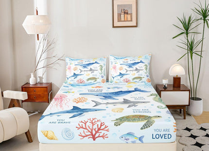 Erosebridal Ocean Animal Theme Queen Fitted Sheet, Whale Shark Sea Turtle Jellyfish Bedding Set for Kids Girls Boys, Cute Sea Animals Bed Sheets(No Flat Sheet), Coastal Beach Room Decor
