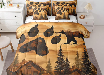Erosebridal 7 Pcs Brown Bear Bedding Set Full Bear Paw Print Comforter Set 7 Piece Country Woodland Cabin Lodge Bed in a Bag Farmhouse Hunter Quilt with Flat Fitted Sheet Rustic Forest Animal Decor