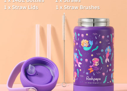 rockpapa 14oz Kids Stainless Steel Water Bottle with Straws, Mermaid