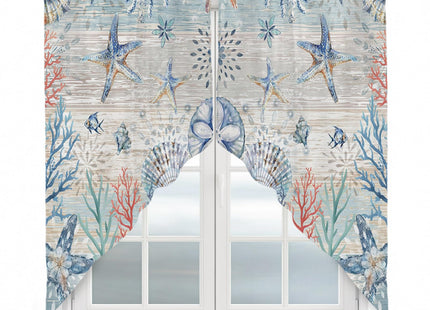 Coastal Starfish Swag Valances for Windows Rod Pocket Kitchen Window Curtains Over Sink, Ocean Sea Beach Coral Blue Kitchen Curtains Sets, Swag Curtains Valance for Living Room, 28"x36" Set of 2