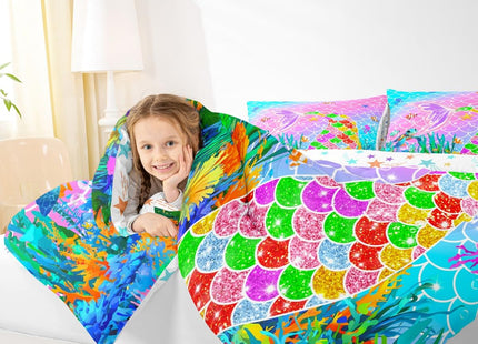 Feelyou Mermaid Comforter Set Toddler Size Ocean Fish Scales Bedding Set for Kids Boys Girls Rainbow Duvet Quilt Nautical Sea Animal Bedroom Decor Underwater Theme 2 Pcs with 1 Pillow Cases