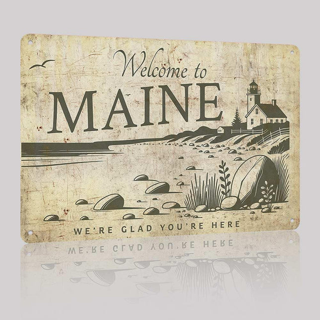 Welcome to Maine Aluminum Metal Sign 8X12in Vintage Coastal Lighthouse Seaside Pattern Wall Art Plaque Retro Decor for Home Entryway Porch