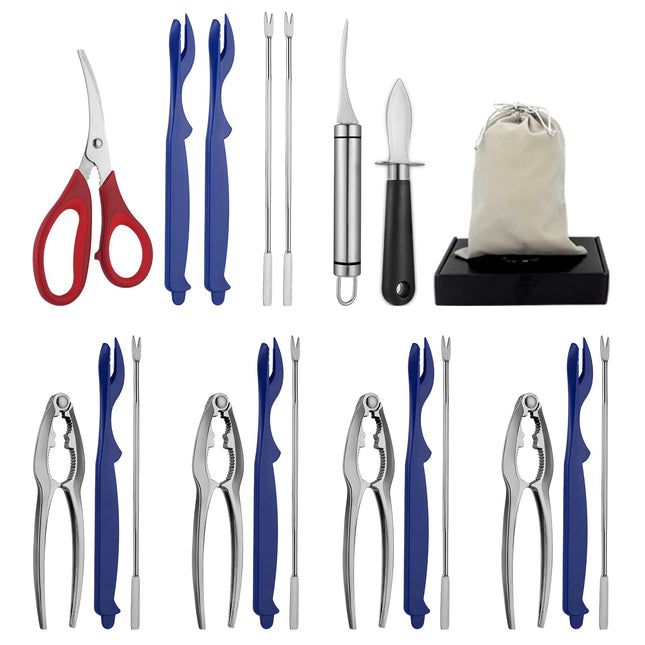 Seafood Tools Set Includes 4 Crab Crackers 6 Seafood Fork 6 Lobster Crackers 1 Seafood Scissors 1 Oyster Knife 1 Shrimp Cleaning Tool-Nutcracker Set（19 Piece ）