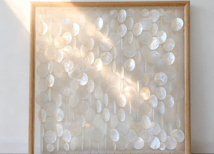 Bergamot 3D Handmade 24"x24" Capiz Shell Wall Hanging Decor, Solid Wooden Framed Coastal Wall Decor, Minimalist White Sea Shell Art for Living Room, Bedroom, Office