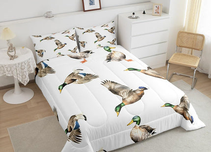 Feelyou Mallard Duck Bedding Set Hunting and Fishing Comforter Set Wild Animal Comforter for Boys Girls Kids Wildlife White Duvet Set Twin Size with 1 Pillow Case