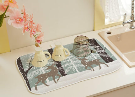 Winter Dish Drying Mat 18 x 24 inch Winter Landscape Snow Tree Deer Decorative Drying Mats Microfiber Absorbent Holiday Dish Washable Draining Mat for Kitchen Counter Decor
