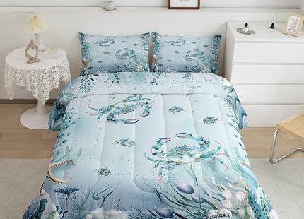 Erosebridal Crab Teal Bed in A Bag King Size Comforter Set 7 Pieces