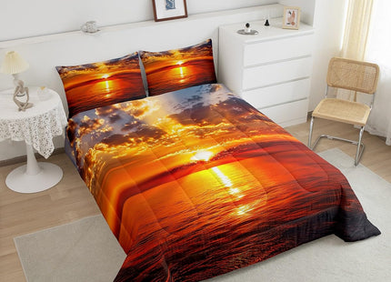 Manfei Sea Sunset Comforter Set Queen Size, Ocean Natural Landscape Bedding Set 3pcs for Kids Boys Girls Room Decor, Ocean Theme Down Comforter with 2 Pillowcases, No Sheets