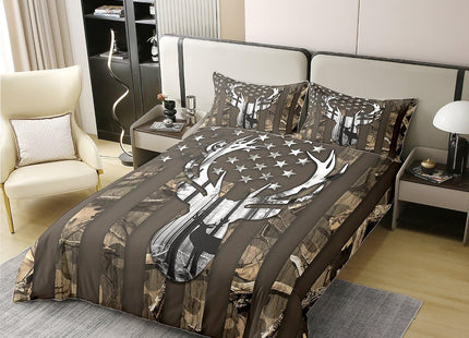 American Flag Stars Stripes Duvet Cover Set 100% Natural Cotton,Camo Hunting Deer Animal Camping Comforter Cover Set Twin with 1 Pillowcase,Brown Camo Grey Antlers Leaves Bedding Comforter Cover