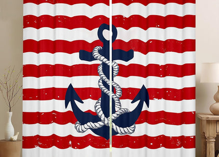 Castle Fairy Red Stripes Window Blackout Curtains,Blue Anchor Curtain,Nautical Theme Window Drapes for Kid Teens Boys Young Man,Modern Bedroom Decorative,Adventure Travel Curtain,42Wx90L