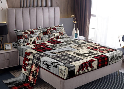 Rustic Cabin Bed Sheets Full Woodland Wolf Deer Bear Sheet Set For Kids Adults,Red Black Buffalo Plaid Bedding Wildlife Camping Lodge Mountain Fitted Sheet Southwestern Farmhouse Flat Sheet 4 Pcs